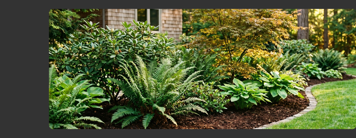 Lush mulched garden bed on Vancouver Island